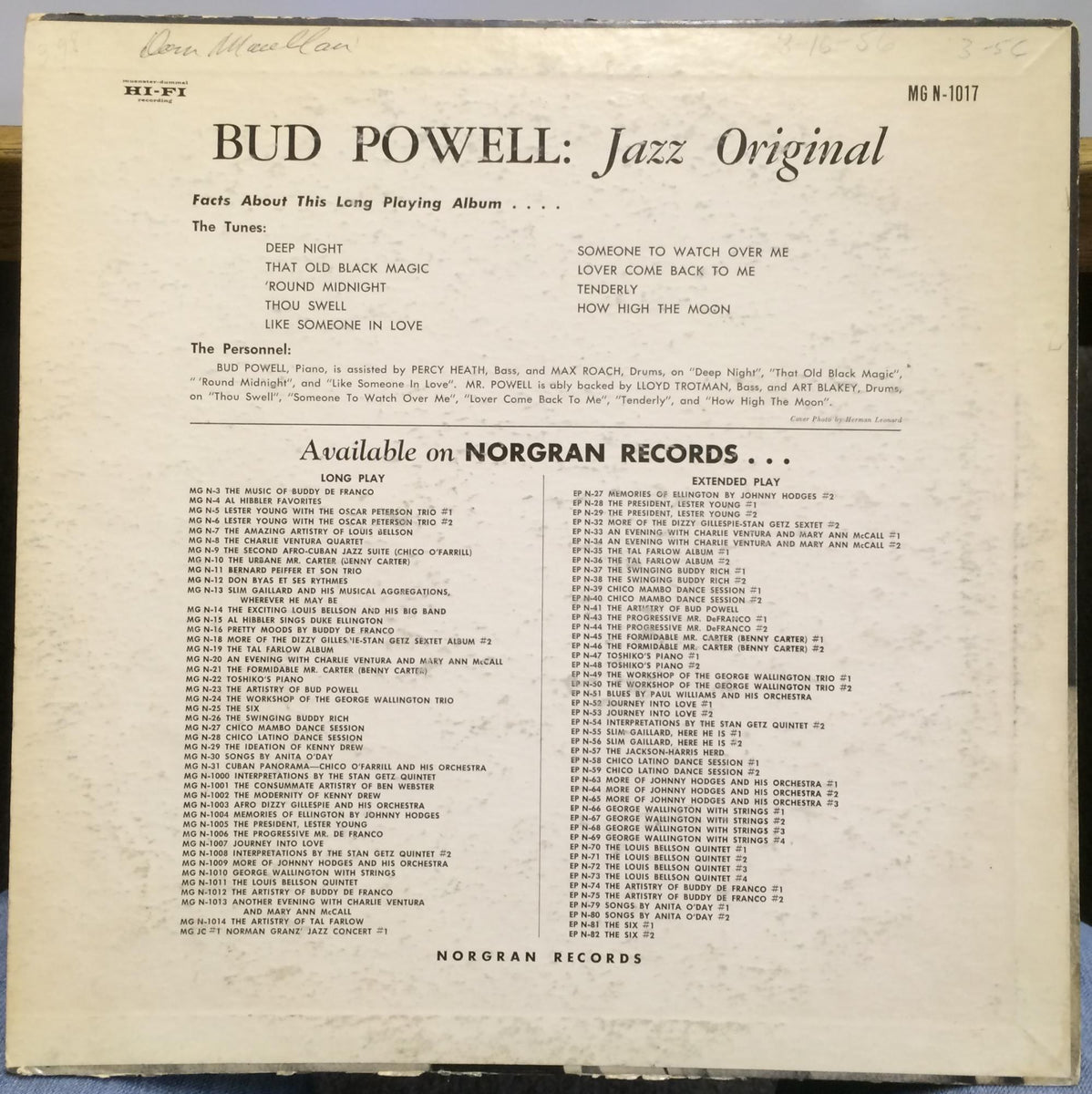 Bud Powell – Jazz Original - VG+ (VG cover) LP Record 1955