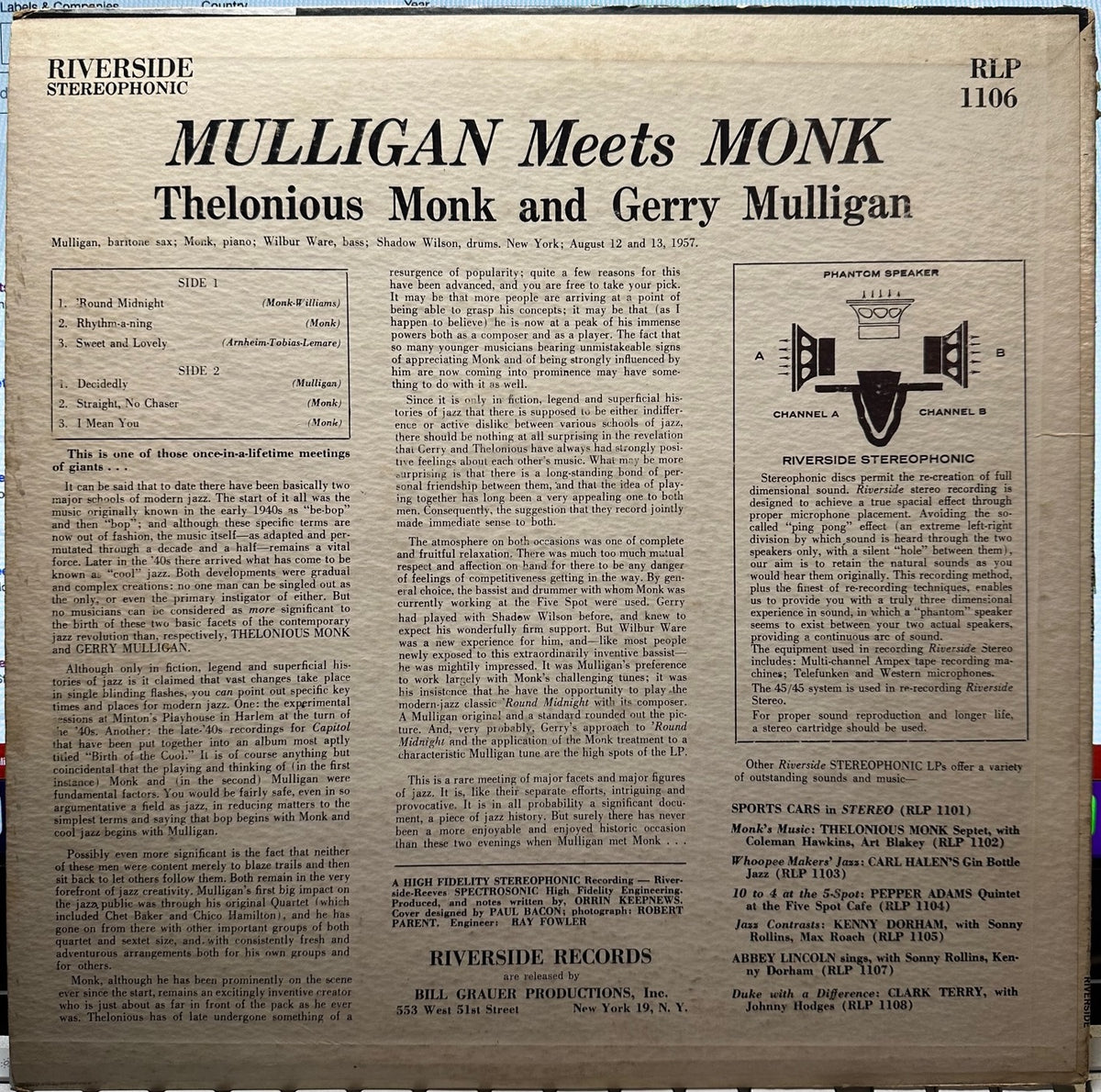 Thelonious Monk And Gerry Mulligan – Mulligan Meets Monk (1957) - VG+ LP  Record 1959 Riverside Stereo USA Vinyl (Rare cover/label Variation) - Jazz  /