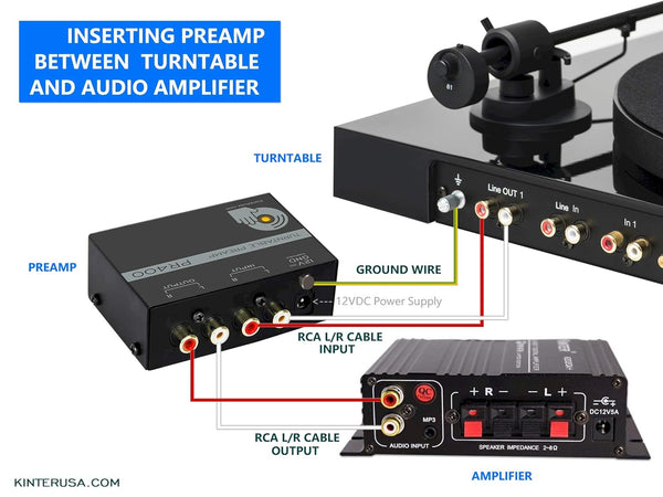 New Kinter PR400 Ultra Compact Phono Vinyl Turntable Preamp - Mini Electronic Audio Stereo Phonograph Preamplifier with Gold Plated RCA Input  Outputs