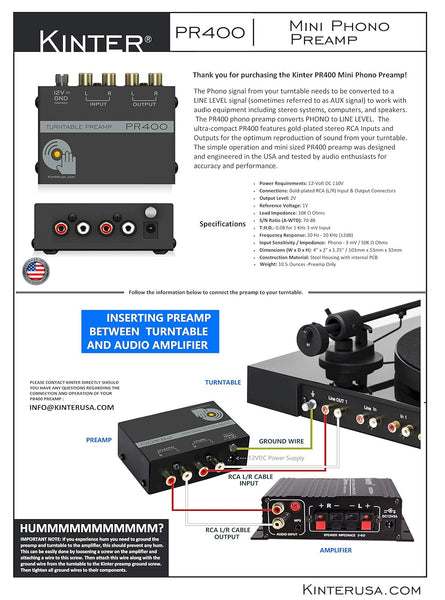 New Kinter PR400 Ultra Compact Phono Vinyl Turntable Preamp - Mini Electronic Audio Stereo Phonograph Preamplifier with Gold Plated RCA Input  Outputs