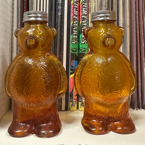 1950's-1960's Vintage Teddy Bear Amber Glass Salt Pepper Shakers Honey Golden Brown