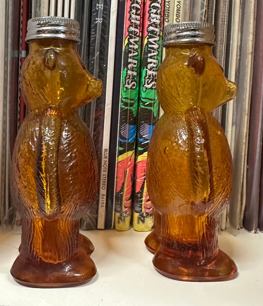 1950's-1960's Vintage Teddy Bear Amber Glass Salt Pepper Shakers Honey Golden Brown