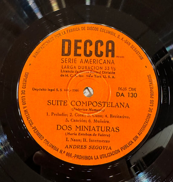 Andrés Segovia - Suite In Modo Polonico / Suite Compostelana - VG+ LP Record 1966 Decca Colombia Mono Vinyl - Classical / Latin / Guitar