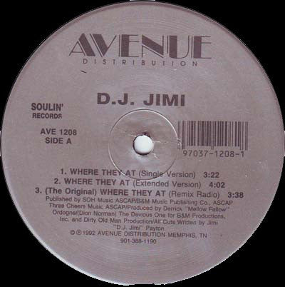 D.J. Jimi - Where They At - VG+ 12" Single Record 1992 Avenue Distribution Soulin' USA Vinyl - Hip Hop - Shuga Records