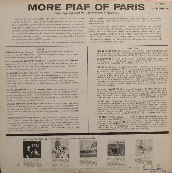 Edith Piaf - More Piaf Of Paris - VG LP Record 1961 Capitol USA Mono Original Vinyl - Pop / Chanson