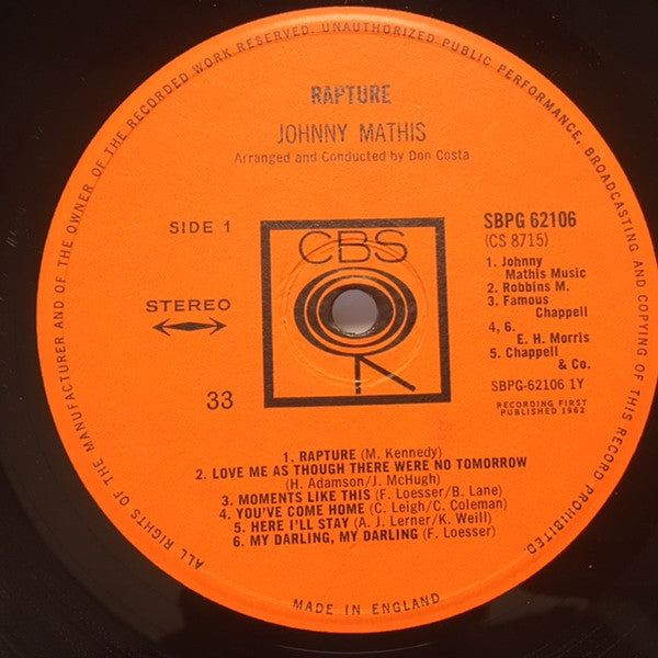 Johnny Mathis - Rapture - Mint- LP Record 1962 Columbia UK Stereo Original Press Vinyl - Pop / Vocal / Jazz