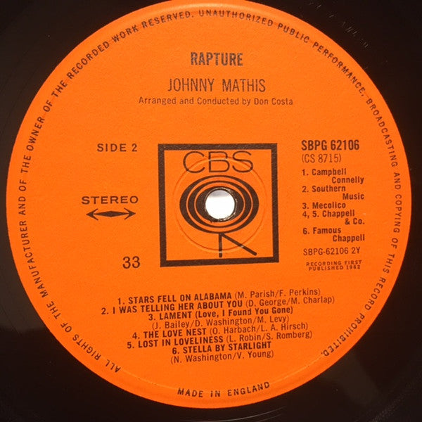 Johnny Mathis - Rapture - Mint- LP Record 1962 Columbia UK Stereo Original Press Vinyl - Pop / Vocal / Jazz