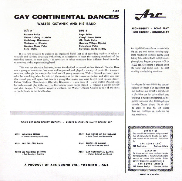 Walter Ostanek And His Band - Gay Continental Dance Party - VG+ LP Record 1960s ARC Canada Vinyl - World / Polka