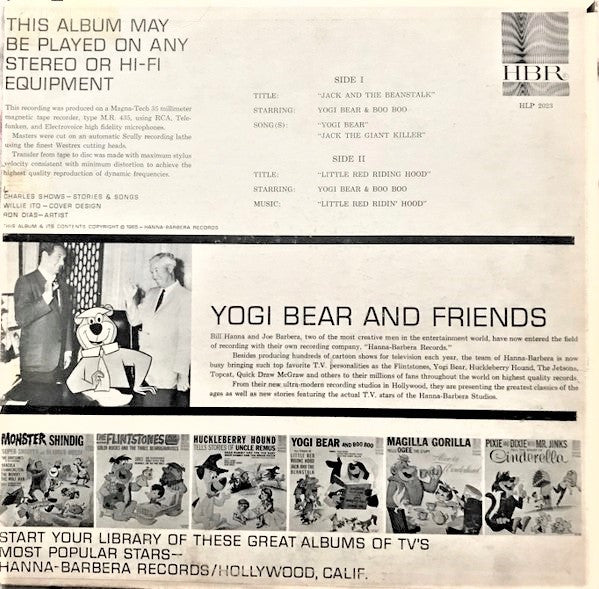 Yogi Bear And Boo Boo - Tell Stories Of Little Red Riding Hood And Jack And The Beanstalk - VG+ LP Record 1965 Hanna-Barbera USA Vinyl - Children's