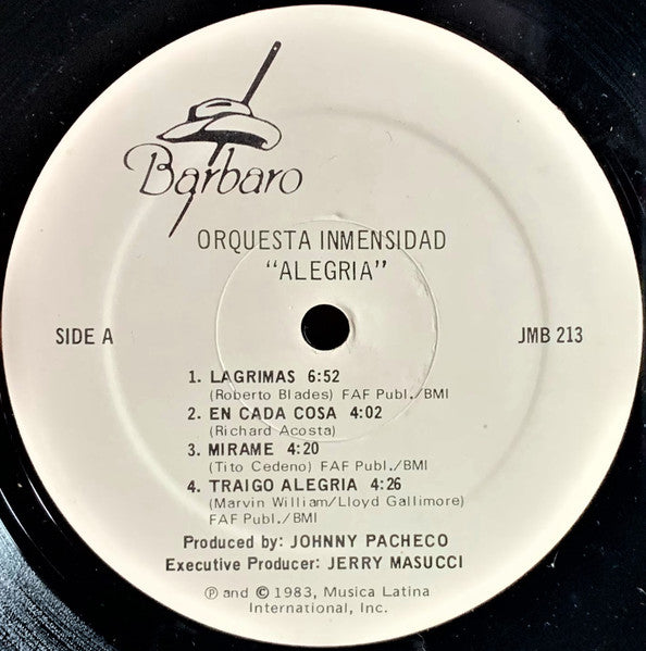 Orquesta Inmensidad - Alegria - VG LP Record 1983 Barbaro USA Vinyl - Latin / Salsa / Bolero - Shuga Records