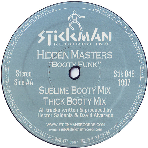 Hidden Masters - Booty Funk - VG+ 12" Single Record 1997 Stickman Canada Vinyl - House / Deep House - Shuga Records