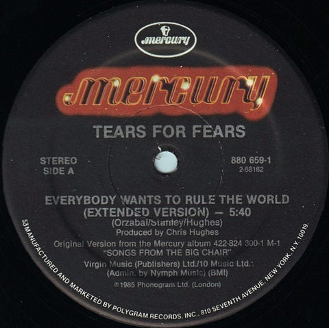 Tears For Fears - Everybody Wants To Rule The World (Extended Version) - VG+ 12" Single Record 1985 Mercury USA Original Vinyl - Synth-pop / Pop Rock - Shuga Records