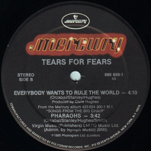 Tears For Fears - Everybody Wants To Rule The World (Extended Version) - VG+ 12" Single Record 1985 Mercury USA Original Vinyl - Synth-pop / Pop Rock - Shuga Records