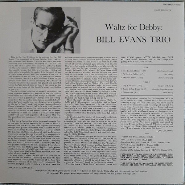 Bill Evans Trio – Waltz For Debby (1962) - Mint- LP Record 2009 Rivers–  Shuga Records