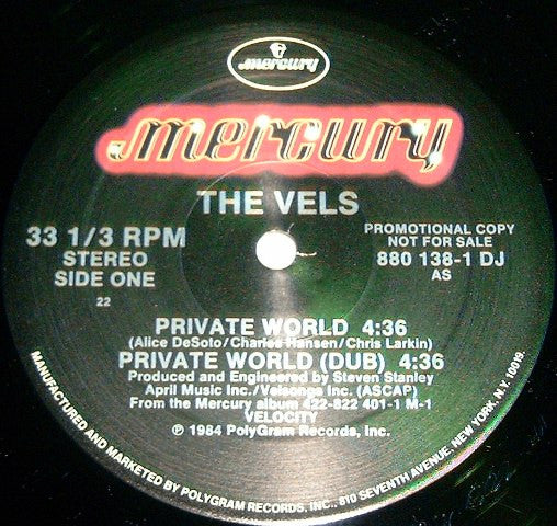 Signed Autographed - The Vels - Private World - Mint- 12" Single Record 1984 Mercury USA Promo Vinyl & Press Kit w/Photo - New Wave / Synth-pop