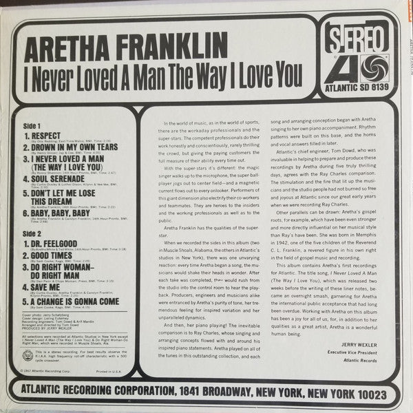 Aretha Franklin - I Never Loved A Man The Way I Love You - VG+ LP Record 1967 Atlantic USA Original Press Vinyl - Soul - Shuga Records