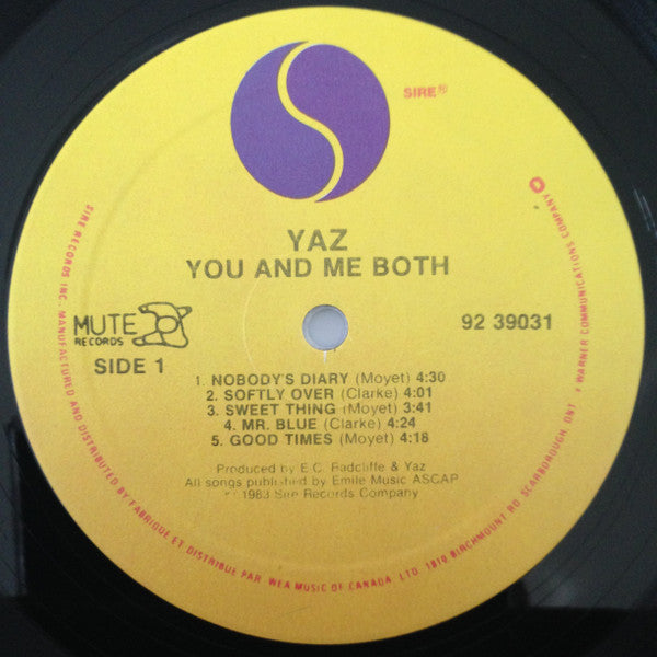 Yaz - You And Me Both - VG+ LP Record 1983 Sire Mute Canada Original Vinyl - Pop / Synth-Pop