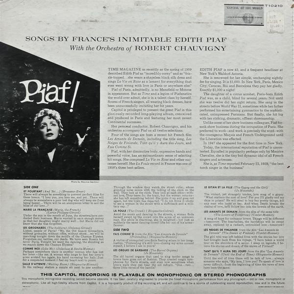 Edith Piaf - Piaf! - VG+ LP Record 1959 Capitol USA Mono Original Vinyl - Pop / Chanson - Shuga Records