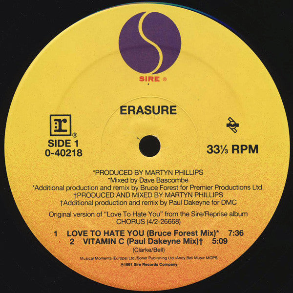 Erasure - Love To Hate You - Mint- 12" Single Record 1991 Sire Reprise USA Promo Vinyl - Synth-pop / Dance-Pop