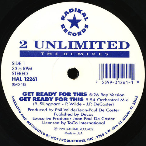 2 Unlimited - Get Ready For This (The Remixes) - VG+ 12" Single Record 1991 Radikal Hot Productions USA Vinyl - House / Euro House