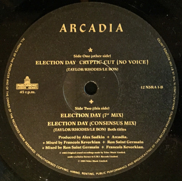 Arcadia - Election Day (Cryptic Cut (No Voice)) - Mint- 12" Single Record 1985 Parlophone Odeon UK Vinyl - Pop Rock / Synth-pop