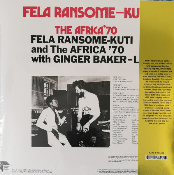 Fela Ransome-Kuti And The Africa '70 With Ginger Baker – Live! (1971) - Mint- 2 LP Record 2022 Knitting Factory Partisan Red Vinyl - Afrobeat - Shuga Records