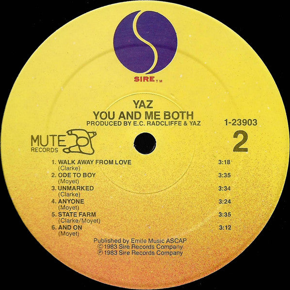 Yaz - You And Me Both - Mint- LP Record 1983 Sire Mute USA Original Vinyl - Pop / Synth-Pop