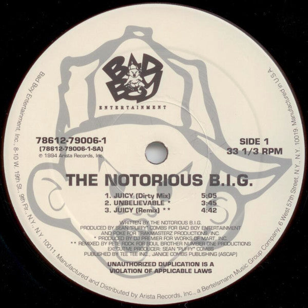 The Notorious BIG - Juicy - VG 12" Single Record 1994 Bad Boy USA Original Vinyl - Hip Hop - Shuga Records