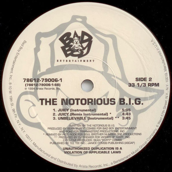 The Notorious BIG - Juicy - VG 12" Single Record 1994 Bad Boy USA Original Vinyl - Hip Hop - Shuga Records