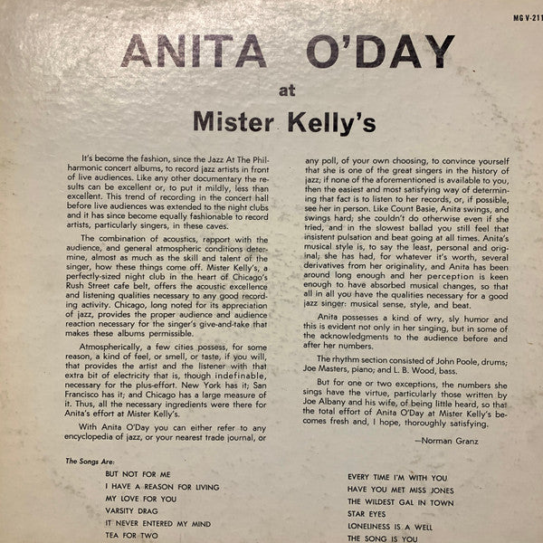 Anita O'Day – At Mister Kelly's (1959) - VG+ LP Record 1962 Verve Stereo USA Vinyl - Jazz Vocal / Swing