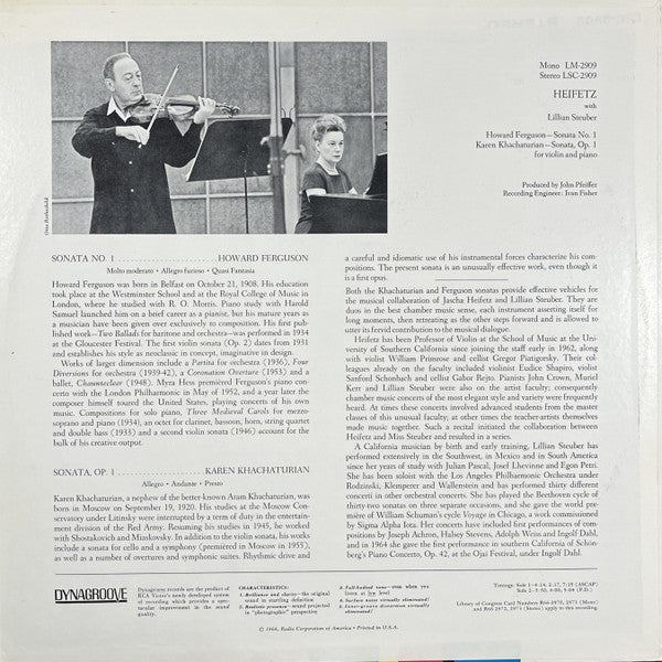 Jascha Heifetz & Lillian Steuber - Khachaturian / Ferguson : Sonata No.1, Sonata, Op.1 For Violin And Piano - VG+ LP Record 1966 RCA USA Mono Vinyl - Classical