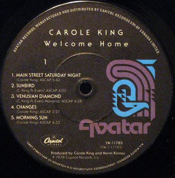 Carole King - Welcome Home - Mint- LP Record 1978 Avatar Canada Vinyl & Inserts - Soft Rock / Folk Rock - Shuga Records