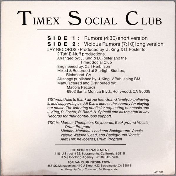 Timex Social Club - Rumors - New  12" Single Record 1986 Jay USA Original Vinyl - Funk / Electro - Shuga Records