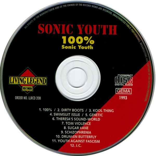 Sonic Youth - 100% Sonic Youth - VG+ CD Album 1993 Living Legend Italy RARE Unofficial - Alternative Rock