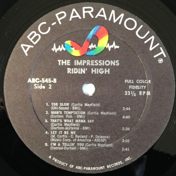 The Impressions - Ridin' High - VG LP Record 1966 ABC-Paramount USA Mono Original Vinyl - Soul / Rhythm & Blues - Shuga Records