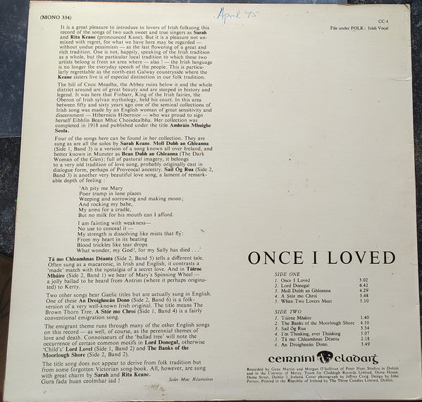 Sarah and Rita Keane - Once I Loved (Songs From The West Of Ireland) - VG+ LP Record 1968 Claddagh Ireland Mono Vinyl Original - Folk / Celtic