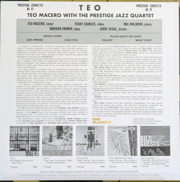 Teo Macero With The Prestige Jazz Quartet - Teo (1957) - New LP Record 2024 Prestige Vinyl Me Please 180 gram Vinyl - Jazz / Bop - Shuga Records