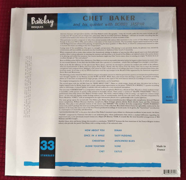 Chet Baker And His Quintet With Bobby Jaspar - Chet Baker And His Quintet (1956) - New LP Record 2024 Barclay France Vinyl - Cool Jazz / Bop