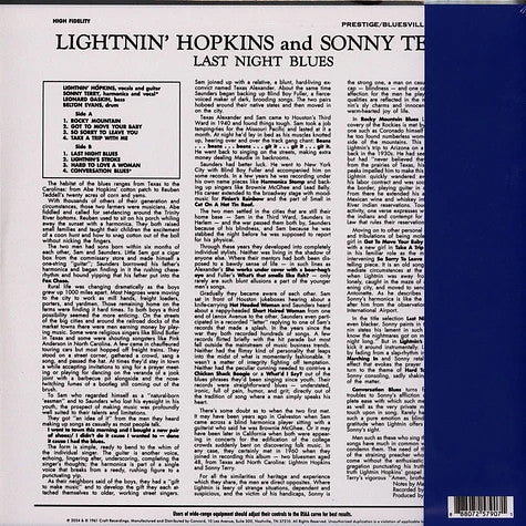 Lightnin' Hopkins With Sonny Terry - Last Night Blues (1961) - New LP Record 2024 Prestige Bluesville Craft Recordings 180 gram Vinyl - Blues / Texas Blues - Shuga Records