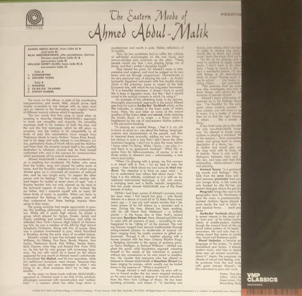 Ahmed Abdul-Malik - The Eastern Moods Of Ahmed Abdul-Malik (1963) - New LP Record 2024 Prestige Craft Recordings Vinyl Me, Please 180 gram Vinyl - Jazz / Fusion / African