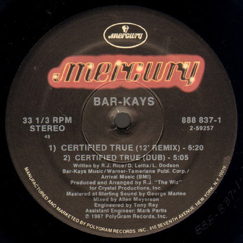 Bar-Kays - Certified True - New 12" Single Record 1987 Mercury Original Press Vinyl with Hype Sticker - Funk / R&B / Disco