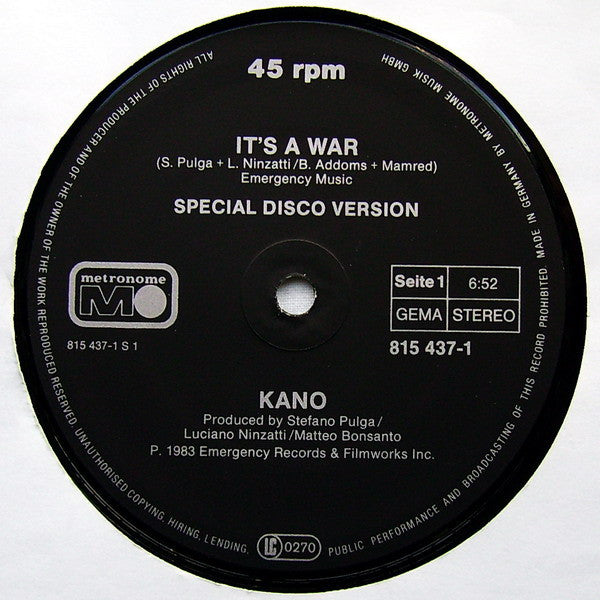 Kano - It's A War / Ahjia - VG+ 12" Single 1983 Metronome Germnay Vinyl - Italo-Disco