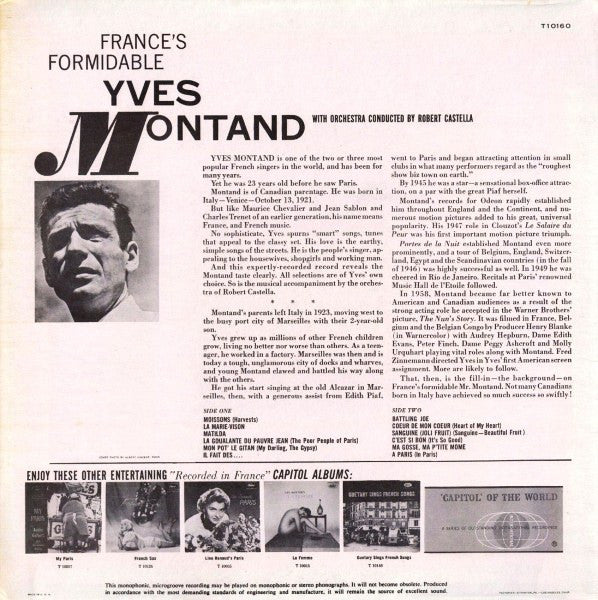 Yves Montand - France's Formidable - Mint- LP Record 1959 Capitol USA Mono Original Vinyl - Pop / Chanson