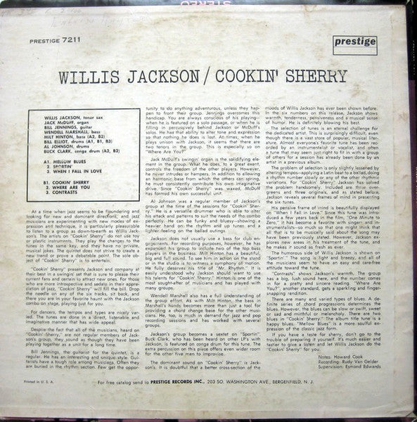 Willis Jackson - Cookin' Sherry - VG LP Record (VG- cover) 1961 Prestige USA Mono Original Press Vinyl - Jazz / Hard Bop