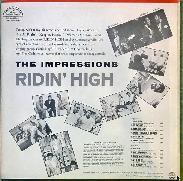 The Impressions - Ridin' High - VG LP Record 1966 ABC-Paramount USA Mono Original Vinyl - Soul / Rhythm & Blues - Shuga Records