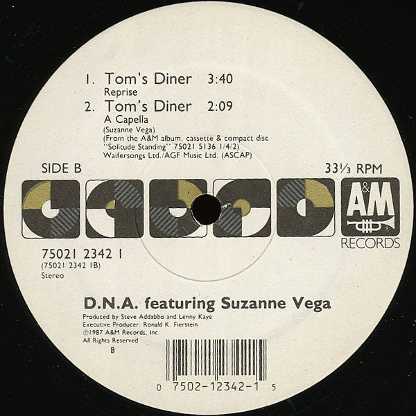 D.N.A. Featuring Suzanne Vega - Tom's Diner - Mint- 12" Single Record 1990 A&M USA translucent Smoky Black Vinyl - Breakbeat / Downtempo - Shuga Records