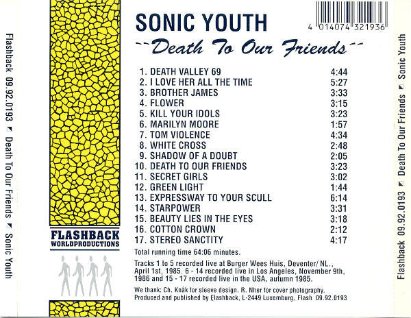 Sonic Youth - Death To Our Friends - VG+ CD 1992 Flashback World Luxembourg RARE Unofficial - Alternative Rock