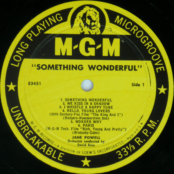 Jane Powell With David Rose & His Orchestra - Something Wonderful - VG+ LP Record 1956 MGM USA Mono Vinyl - Jazz / Pop / Vocal