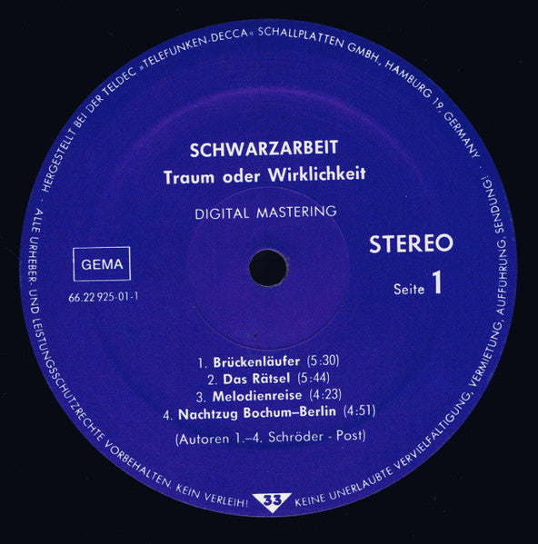 Schwarzarbeit – Traum Oder Wirklichkeit - Mint- LP Record 1983 Self Released Germany Vinyl & Insert - Prog Rock