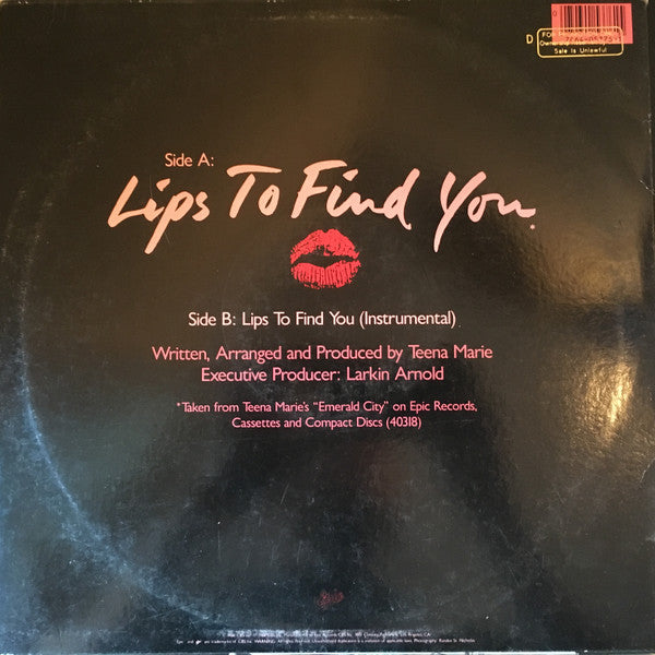 Teena Marie - Lips To Find You - New 12" Single Record 1986 Epic USA Original Vinyl - Synth-pop / Funk